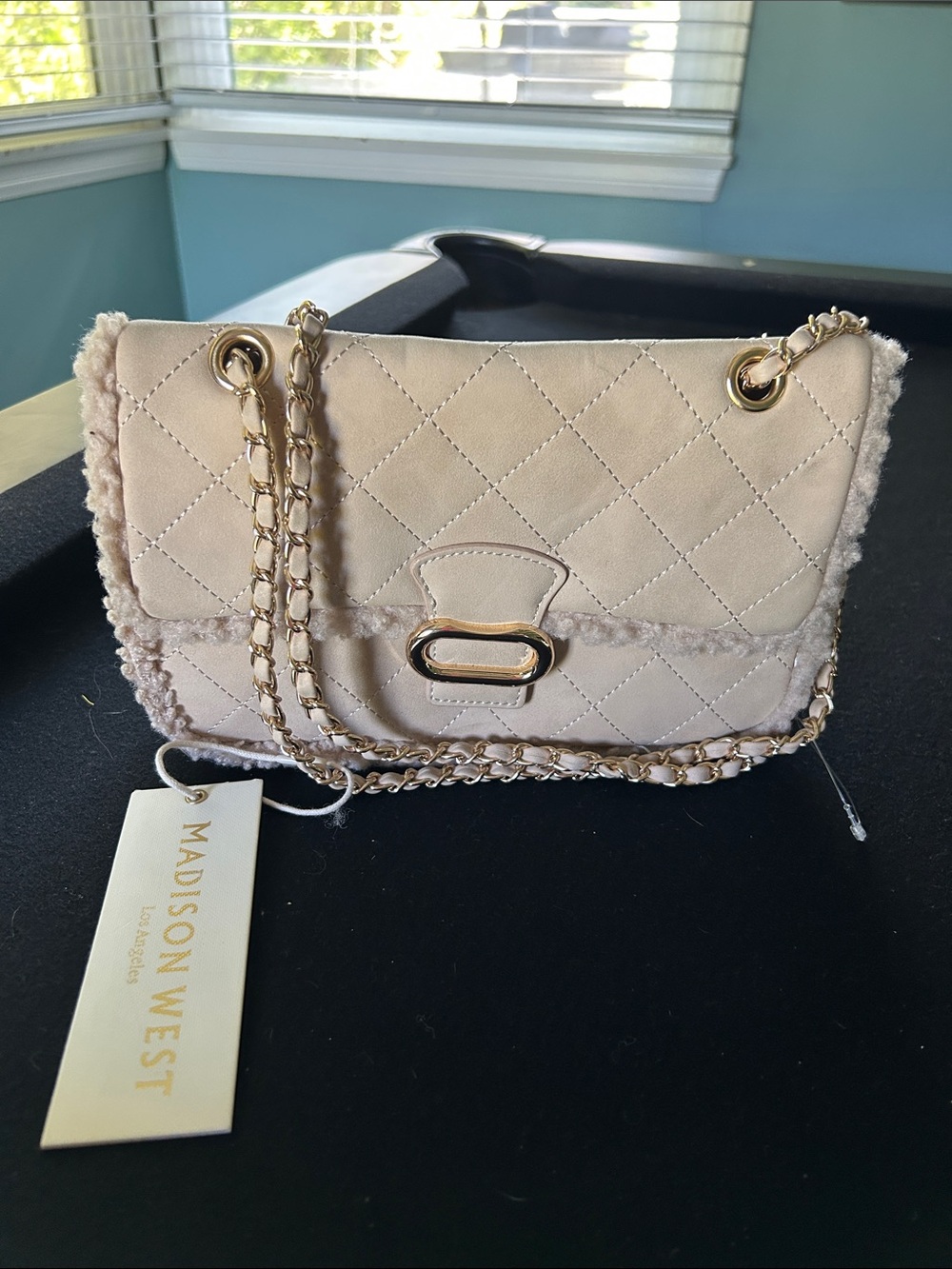 Madison West Quilted Cream Shearling-Trim Shoulder Bag with Gold Chain